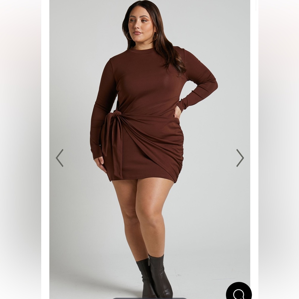 Showpo Marleen Wrap‎ Front Long Sleeve Bodycon Mini Dress in Dark Oak Sz 16 NEW